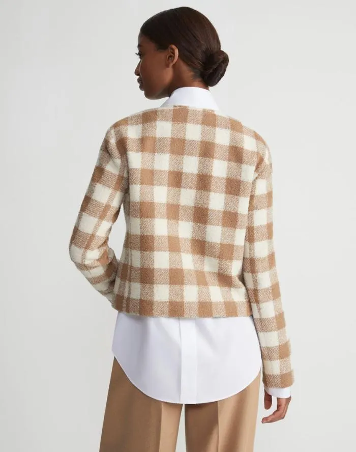 Ready To Wear Gingham Wool Collarless Buttoned Jacket Camel Multi Lafayette 148 New York Jackets and Blazers
