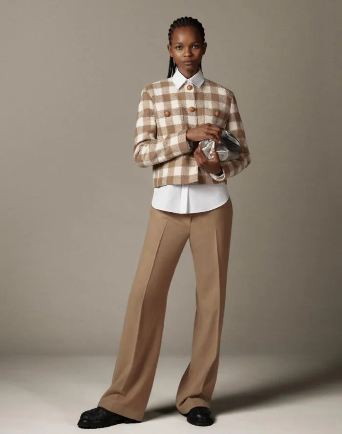 Ready To Wear Gingham Wool Collarless Buttoned Jacket Camel Multi Lafayette 148 New York Jackets and Blazers