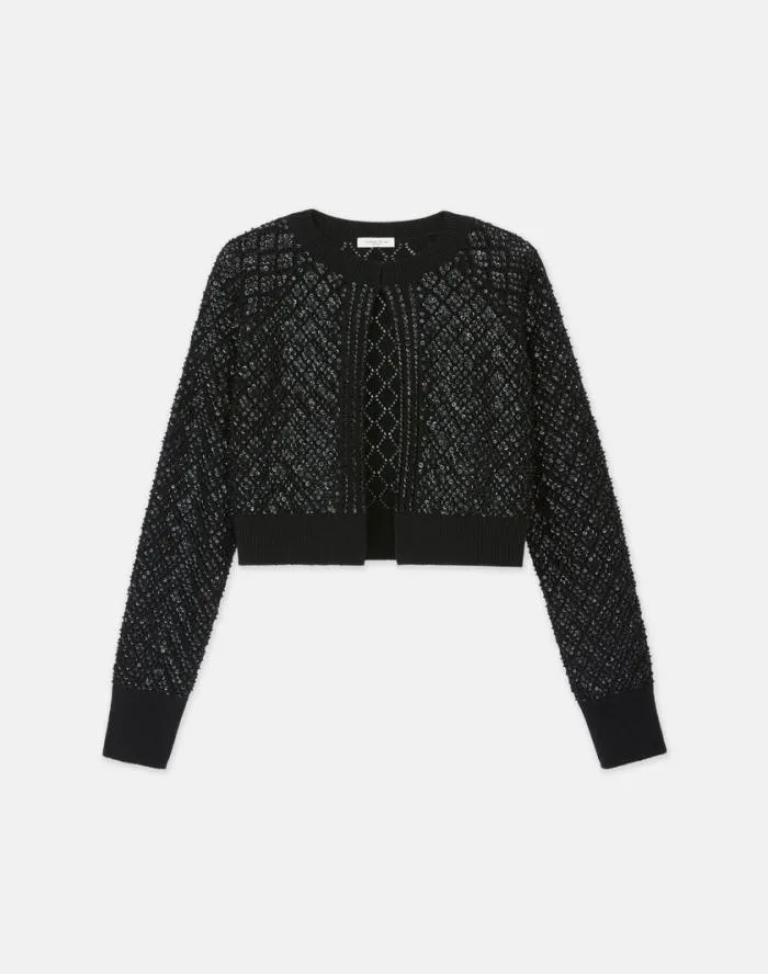 Ready To Wear HandEmbellished Cashmere Lace Stitch Cropped Cardigan Black Lafayette 148 New York Sweaters and Knits Ready To Wear HandEmbellished Cashmere Lace Stitch Cropped Cardigan Black Lafayette 148 New York Sweaters and Knits