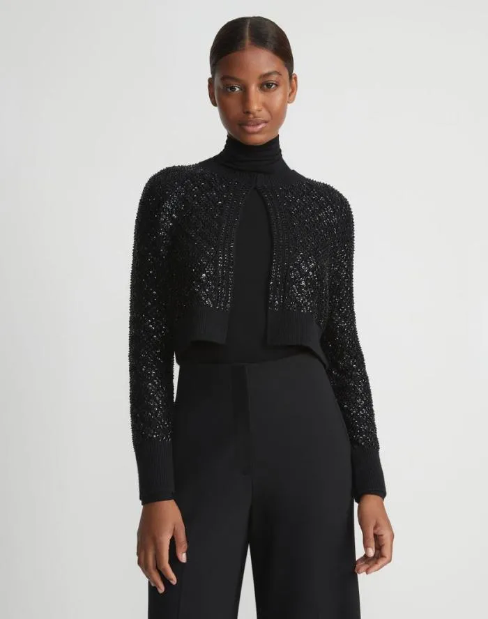 Ready To Wear HandEmbellished Cashmere Lace Stitch Cropped Cardigan Black Lafayette 148 New York Sweaters and Knits