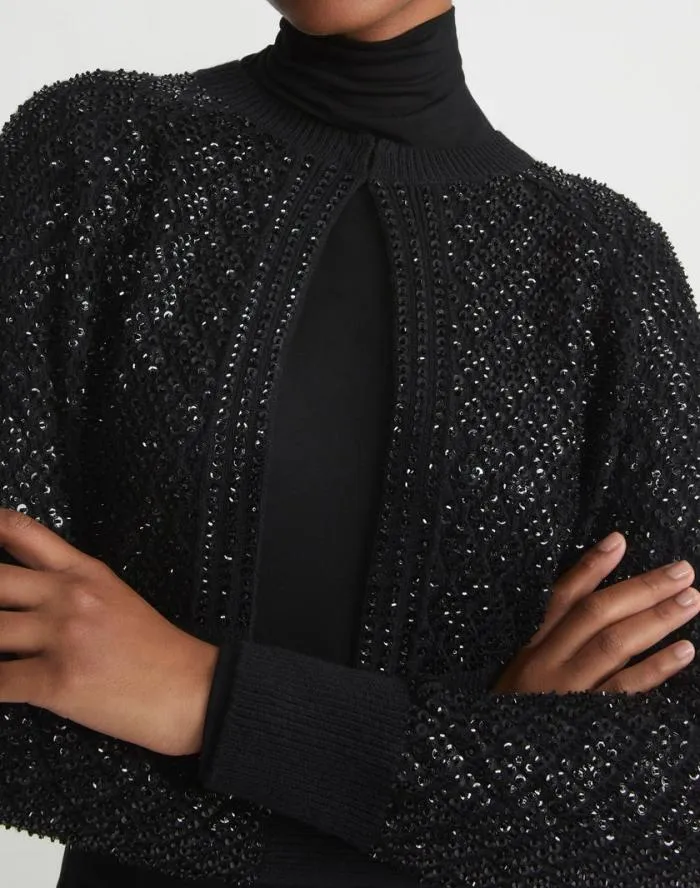 Ready To Wear HandEmbellished Cashmere Lace Stitch Cropped Cardigan Black Lafayette 148 New York Sweaters and Knits