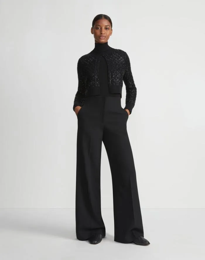 Ready To Wear HandEmbellished Cashmere Lace Stitch Cropped Cardigan Black Lafayette 148 New York Sweaters and Knits