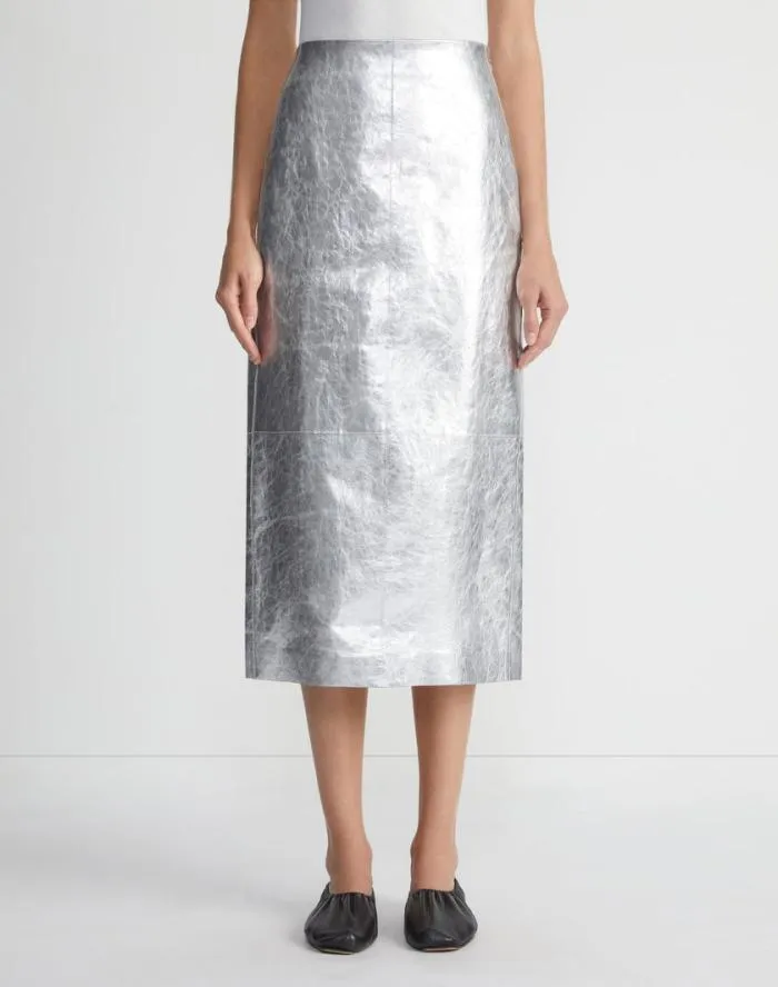 Ready To Wear Metallic Crinkle Leather Pencil Skirt Silver Lafayette 148 New York Skirts