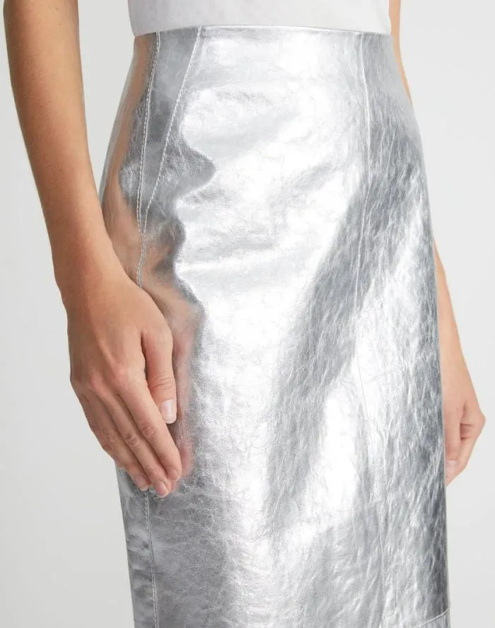 Ready To Wear Metallic Crinkle Leather Pencil Skirt Silver Lafayette 148 New York Skirts