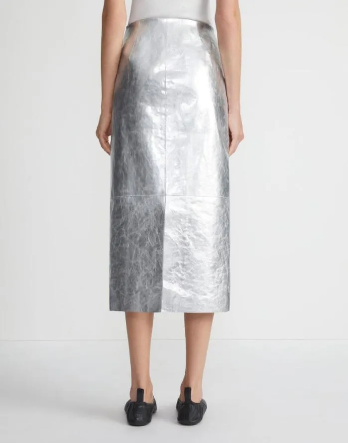 Ready To Wear Metallic Crinkle Leather Pencil Skirt Silver Lafayette 148 New York Skirts
