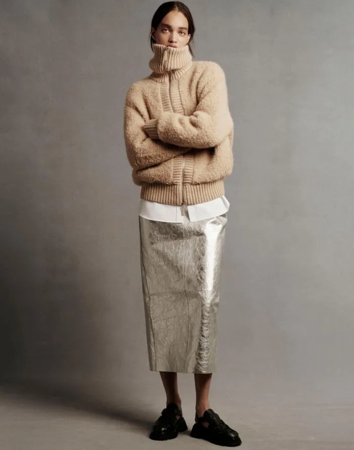 Ready To Wear Metallic Crinkle Leather Pencil Skirt Silver Lafayette 148 New York Skirts