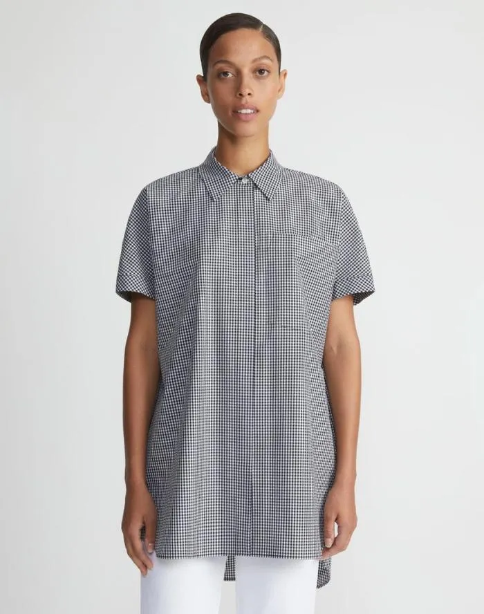 Ready To Wear Micro Gingham Cotton Seersucker Oversized Shirt Midnight Blue Multi Lafayette 148 New York Blouses and Shirts