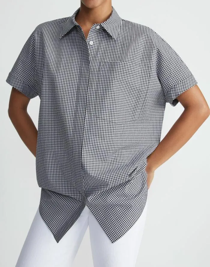 Ready To Wear Micro Gingham Cotton Seersucker Oversized Shirt Midnight Blue Multi Lafayette 148 New York Blouses and Shirts