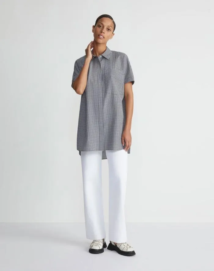 Ready To Wear Micro Gingham Cotton Seersucker Oversized Shirt Midnight Blue Multi Lafayette 148 New York Blouses and Shirts