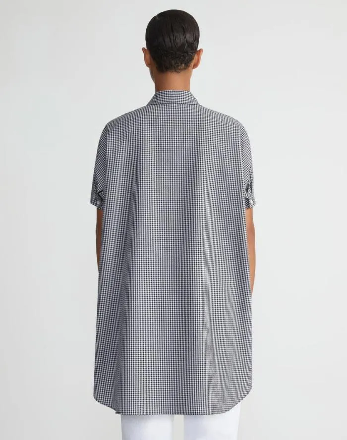Ready To Wear Micro Gingham Cotton Seersucker Oversized Shirt Midnight Blue Multi Lafayette 148 New York Blouses and Shirts