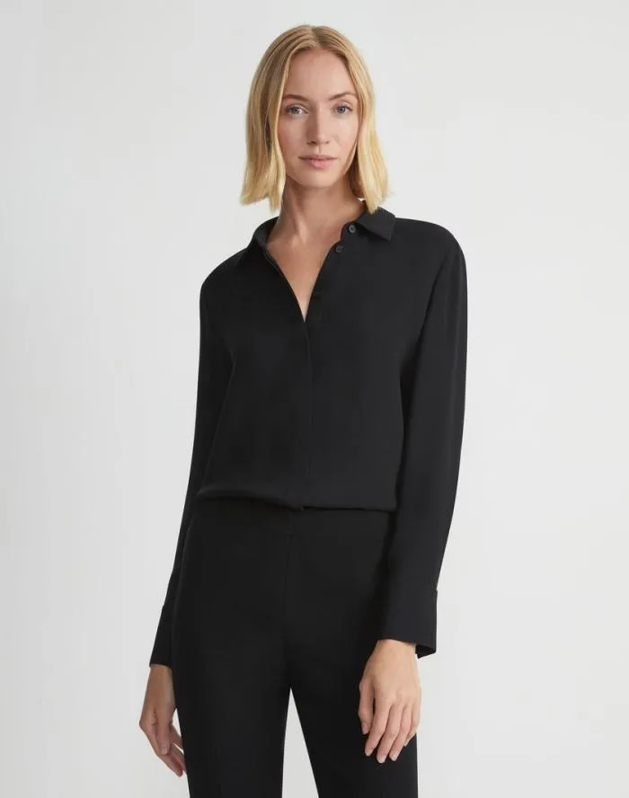 Ready To Wear Silk Georgette Button Blouse Black Lafayette 148 New York Blouses and Shirts