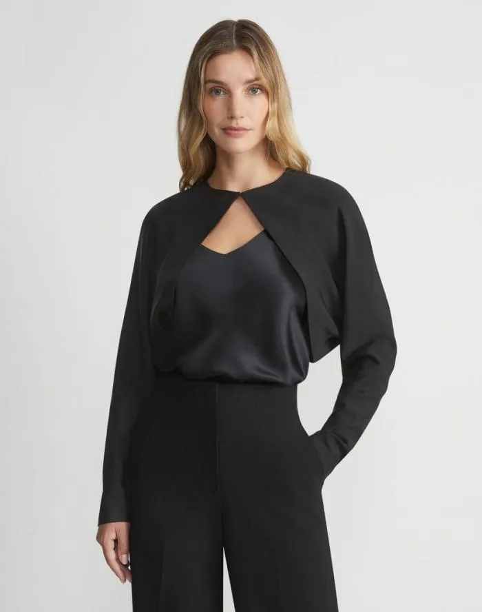 Ready To Wear Silk Stretch Crepe De Chine Cutaway Bolero Black Lafayette 148 New York Jackets and Blazers