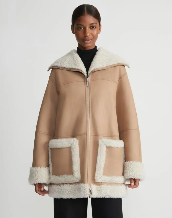 Ready To Wear Wavy Lamb Shearling Reversible Coat Camel Lafayette 148 New York Leathers and Suedes