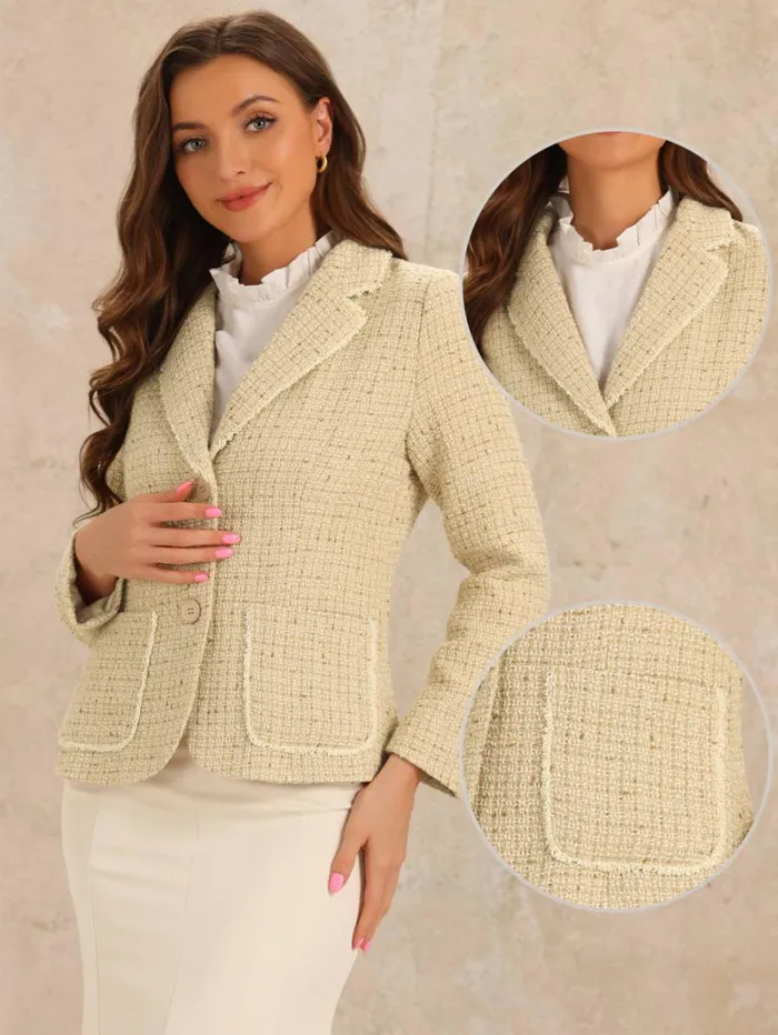 RWandCO Blazers Allegra K Plaid Tweed Notch Lapel Blazer Jackets Apricot 8211 Women