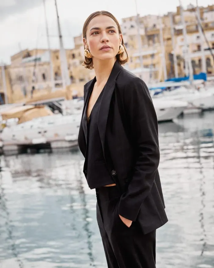 RWandCO Blazers OneButton Linen Blazer Black 8211 Women