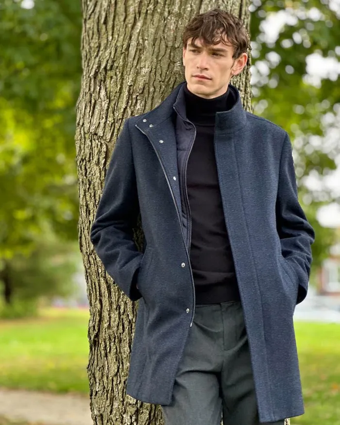 RWandCO Coats and Jackets Classic Indigo MockNeck Wool Coat With Dickey Indigo Blue 8211 Men