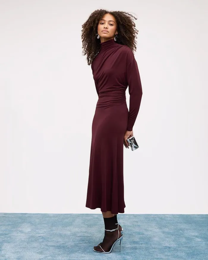 RWandCO Dresses LongSleeve Fit And Flare Midi Dress With Funnel Neckline Windsor Wine 8211 Women RWandCO Dresses LongSleeve Fit And Flare Midi Dress With Funnel Neckline Windsor Wine 8211 Women