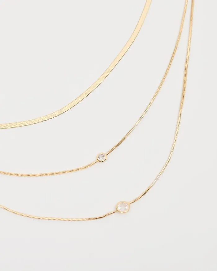 RWandCO Jewelry Triple Snake Chain Short Necklace With Glass Stones Gold 8211 Women RWandCO Jewelry Triple Snake Chain Short Necklace With Glass Stones Gold 8211 Women