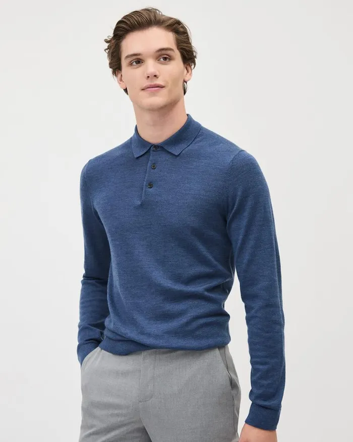 RWandCO Polos LongSleeve MerinoWool Polo Petrol Blue 8211 Men