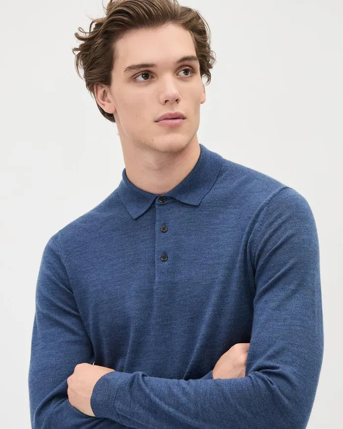 RWandCO Polos LongSleeve MerinoWool Polo Petrol Blue 8211 Men RWandCO Polos LongSleeve MerinoWool Polo Petrol Blue 8211 Men