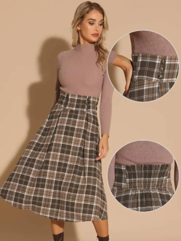 RWandCO Skirts Allegra K 8211 High Elastic Waist Fall Tartan Midi Skirt Brown 8211 Women