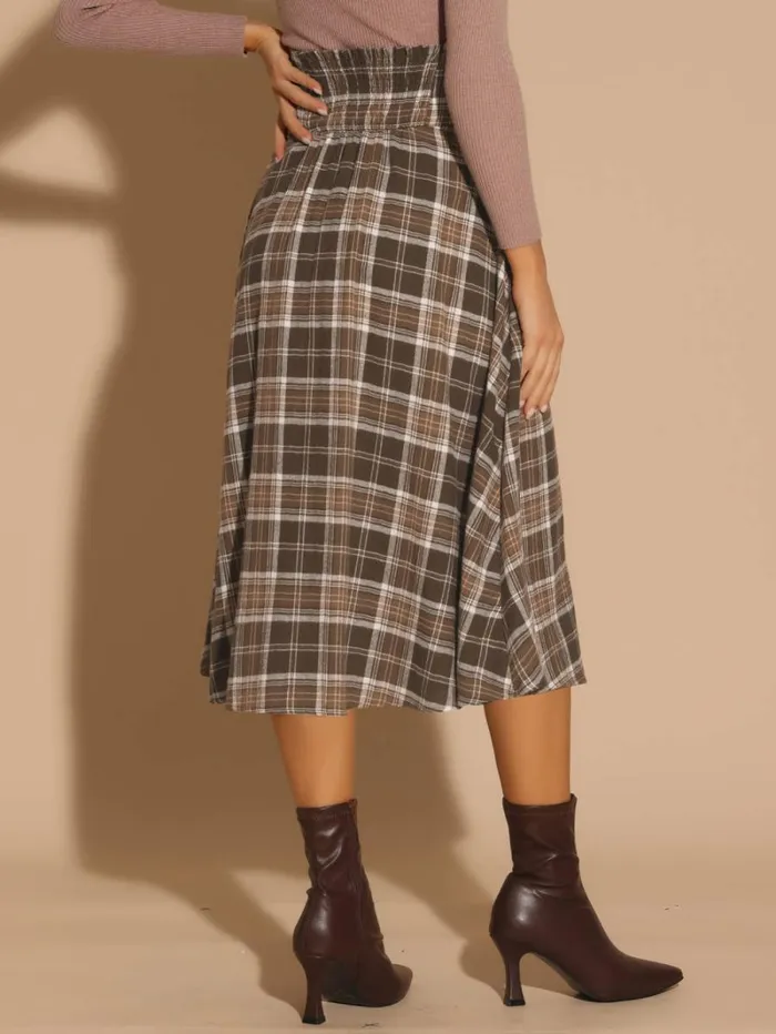 RWandCO Skirts Allegra K 8211 High Elastic Waist Fall Tartan Midi Skirt Brown 8211 Women