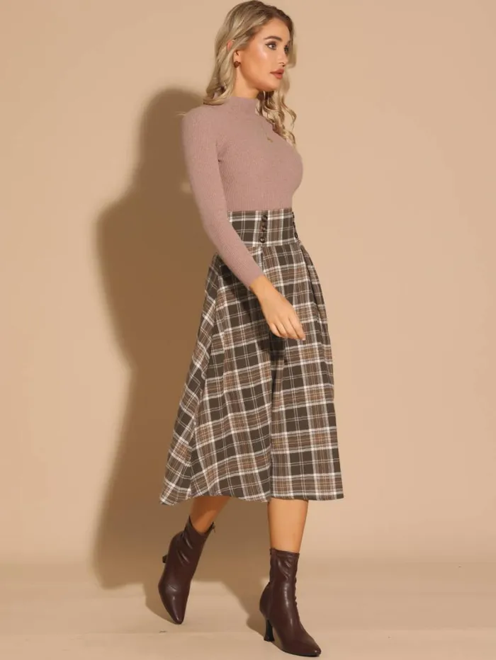 RWandCO Skirts Allegra K 8211 High Elastic Waist Fall Tartan Midi Skirt Brown 8211 Women