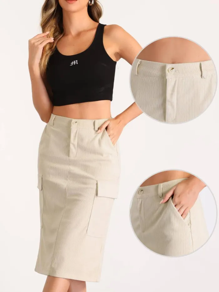 RWandCO Skirts Allegra K 8211 High Waist Corduroy Cargo Skirt Cream 8211 Women