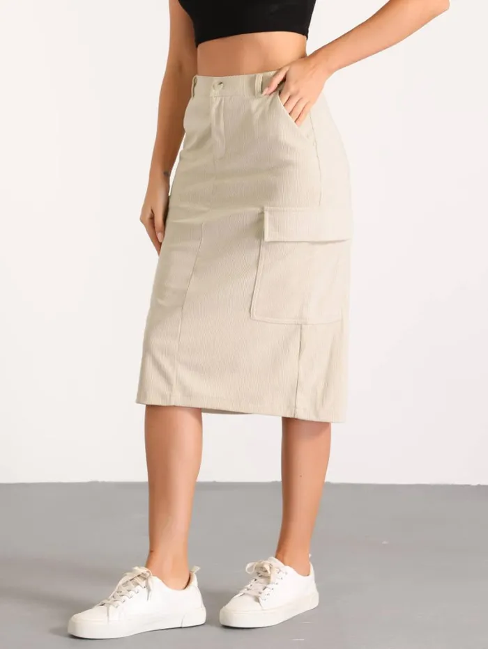 RWandCO Skirts Allegra K 8211 High Waist Corduroy Cargo Skirt Cream 8211 Women
