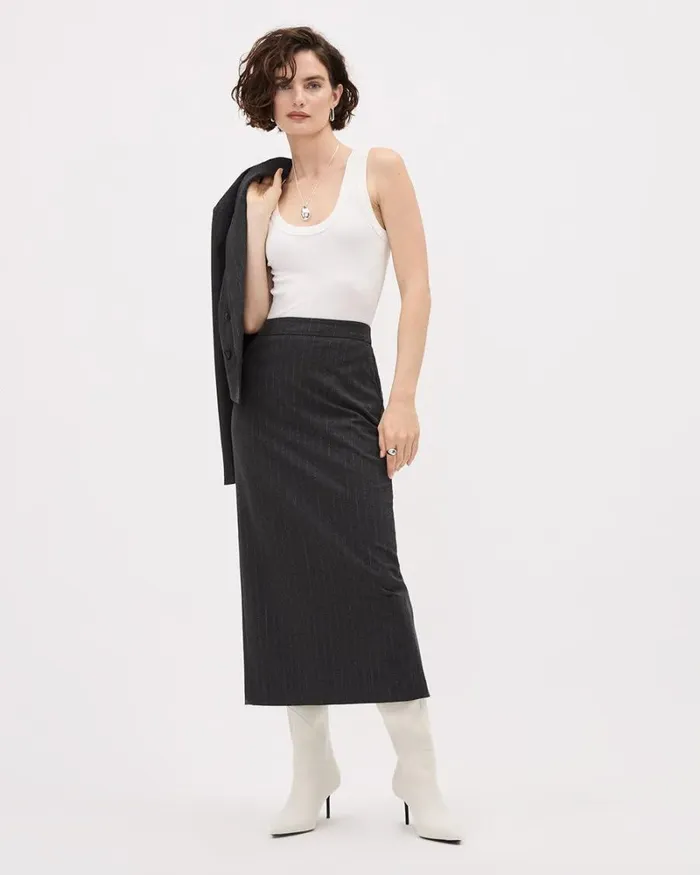 RWandCO Suiting Skirts Striped Midi Pencil Skirt Grey Striped 8211 Women RWandCO Suiting Skirts Striped Midi Pencil Skirt Grey Striped 8211 Women