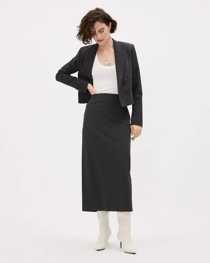 RWandCO Suiting Skirts Striped Midi Pencil Skirt Grey Striped 8211 Women RWandCO Suiting Skirts Striped Midi Pencil Skirt Grey Striped 8211 Women