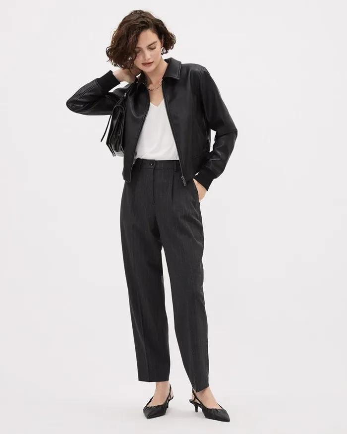 RWandCO Suits Striped HighRise Barrel Pant Grey Striped 8211 Women