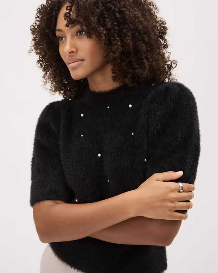 RWandCO Tops ElbowSleeve MockNeck FeatherYarn Pullover With Pearls Black 8211 Women RWandCO Tops ElbowSleeve MockNeck FeatherYarn Pullover With Pearls Black 8211 Women