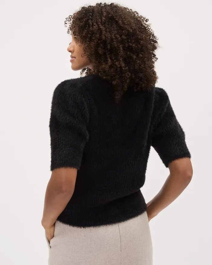 RWandCO Tops ElbowSleeve MockNeck FeatherYarn Pullover With Pearls Black 8211 Women RWandCO Tops ElbowSleeve MockNeck FeatherYarn Pullover With Pearls Black 8211 Women