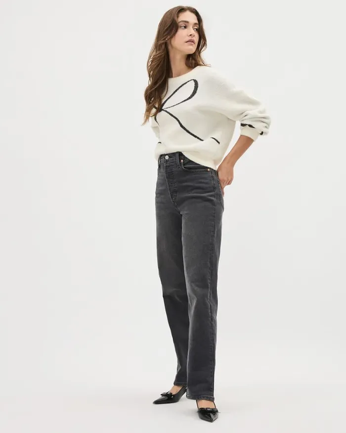 RWandCO Tops LongSleeve CrewNeck Intarsia Sweater Antique White 8211 Women