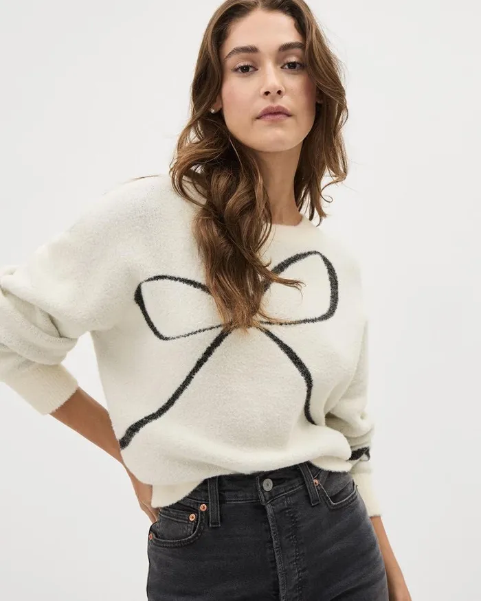 RWandCO Tops LongSleeve CrewNeck Intarsia Sweater Antique White 8211 Women