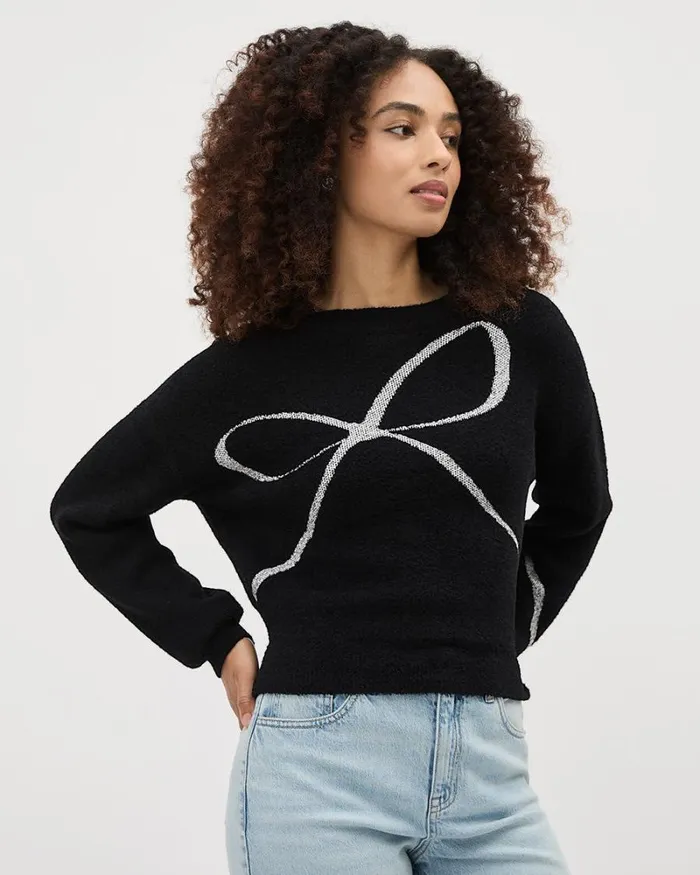 RWandCO Tops LongSleeve CrewNeck Intarsia Sweater Black 8211 Women