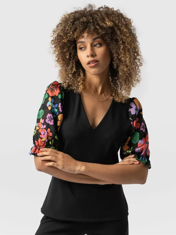 Saint And Sofia Casual Tops Women Tori Puff Sleeve Top 8211 Black Pop Floral Black Pop Floral