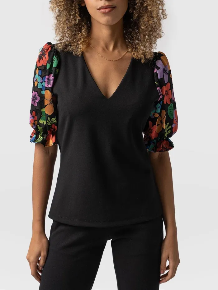 Saint And Sofia Casual Tops Women Tori Puff Sleeve Top 8211 Black Pop Floral Black Pop Floral