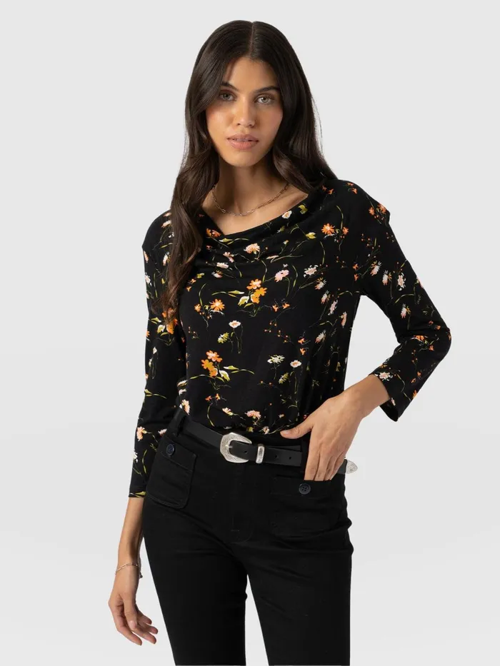 Saint And Sofia TShirts and Tanks Women Cowl Neck Tee Long Sleeve 8211 Black Floral Black Floral Saint And Sofia TShirts and Tanks Women Cowl Neck Tee Long Sleeve 8211 Black Floral Black Floral