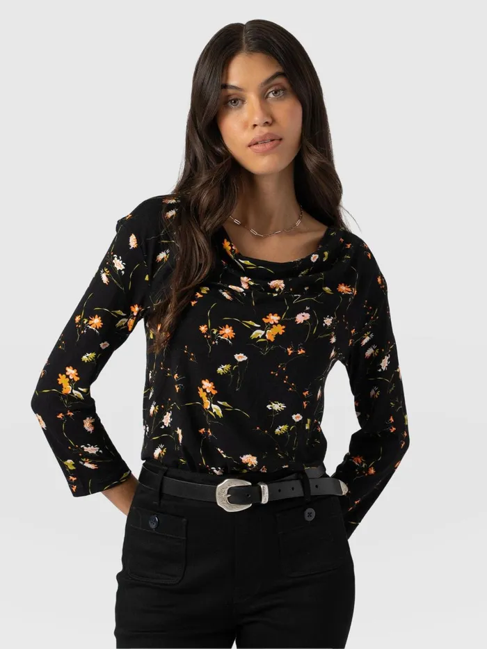 Saint And Sofia TShirts and Tanks Women Cowl Neck Tee Long Sleeve 8211 Black Floral Black Floral