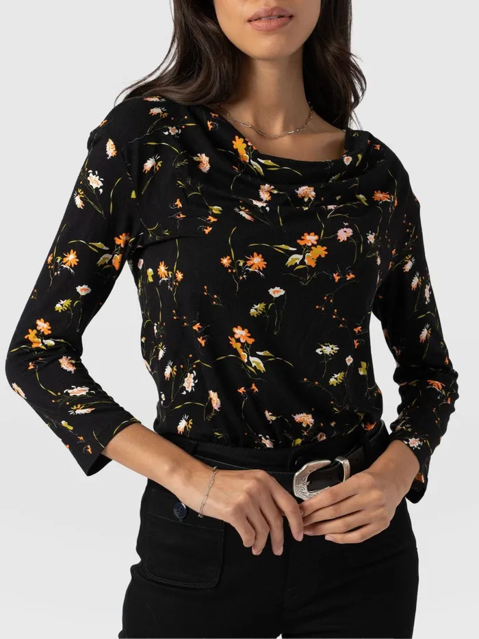 Saint And Sofia TShirts and Tanks Women Cowl Neck Tee Long Sleeve 8211 Black Floral Black Floral