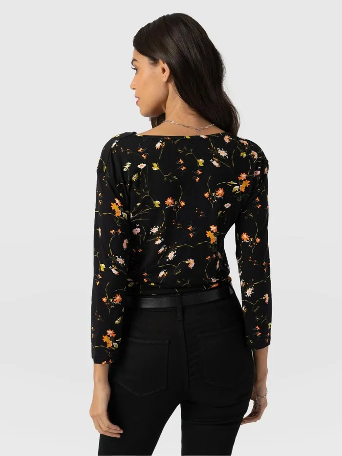 Saint And Sofia TShirts and Tanks Women Cowl Neck Tee Long Sleeve 8211 Black Floral Black Floral
