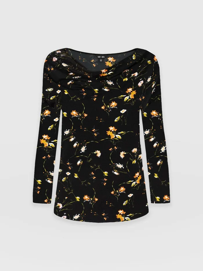 Saint And Sofia TShirts and Tanks Women Cowl Neck Tee Long Sleeve 8211 Black Floral Black Floral