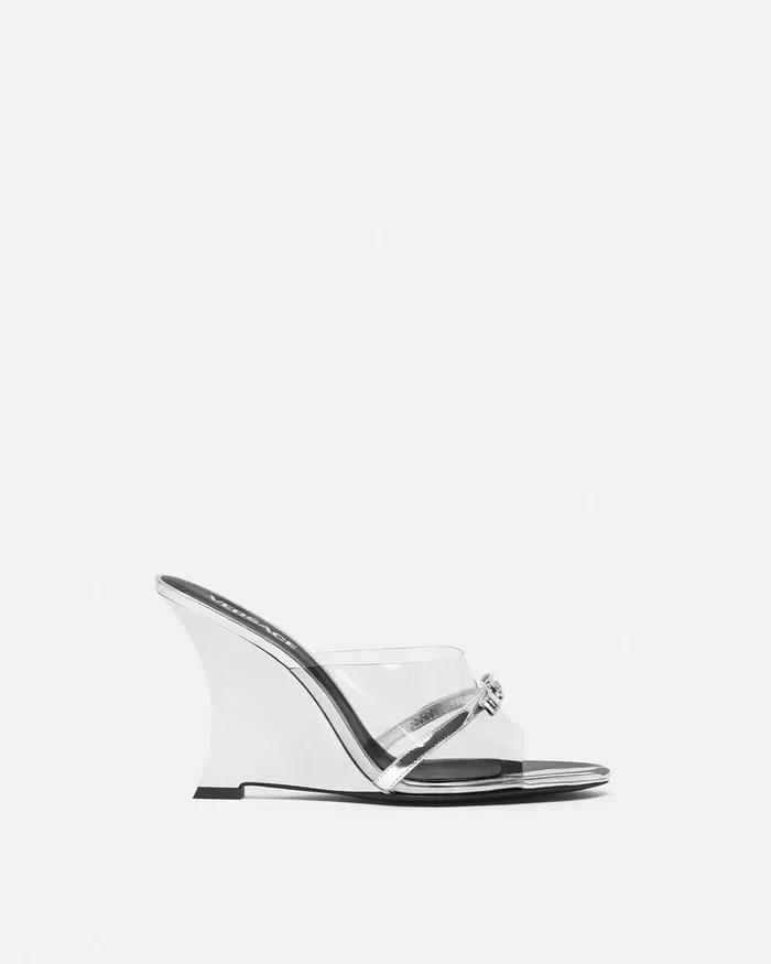 Sandals Women Versace Gianni Ribbon Wedge Mules 95 Mm Silver