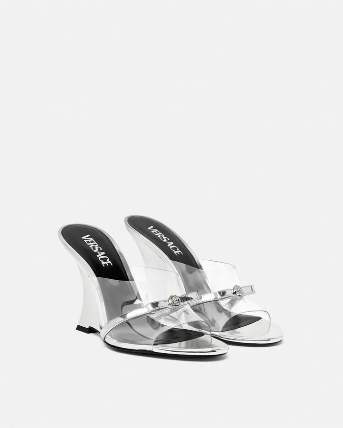 Sandals Women Versace Gianni Ribbon Wedge Mules 95 Mm Silver