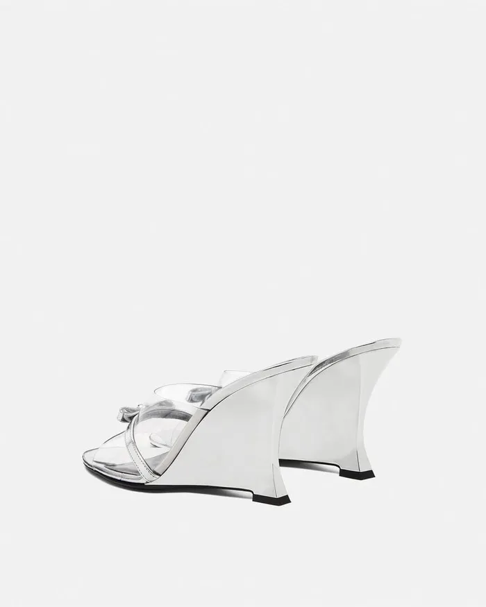 Sandals Women Versace Gianni Ribbon Wedge Mules 95 Mm Silver