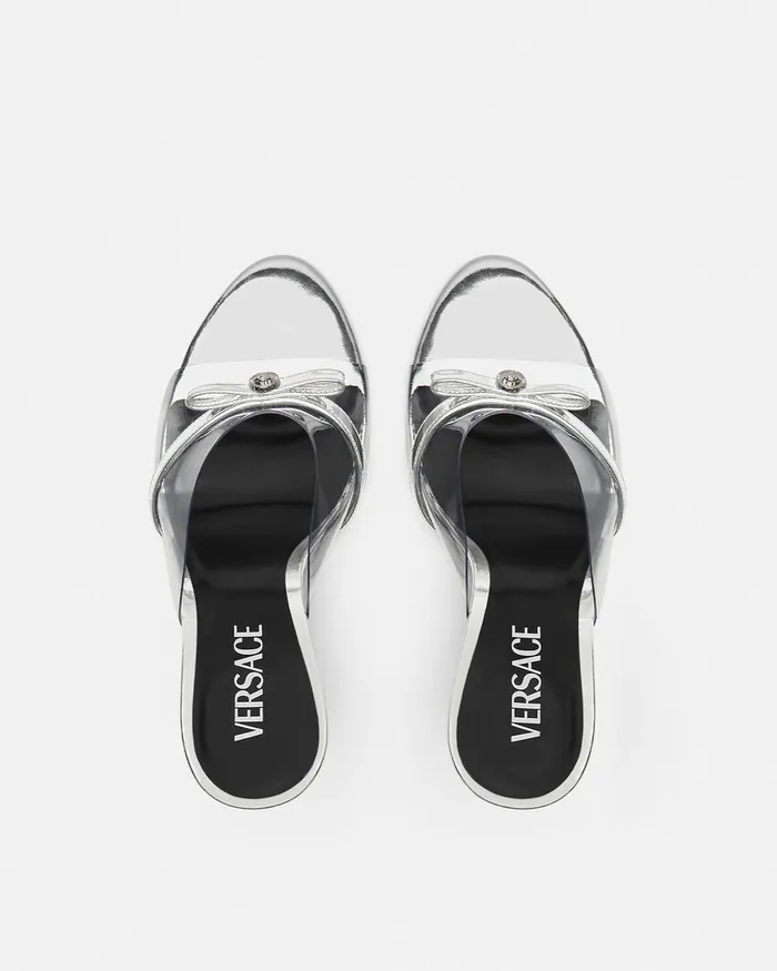 Sandals Women Versace Gianni Ribbon Wedge Mules 95 Mm Silver