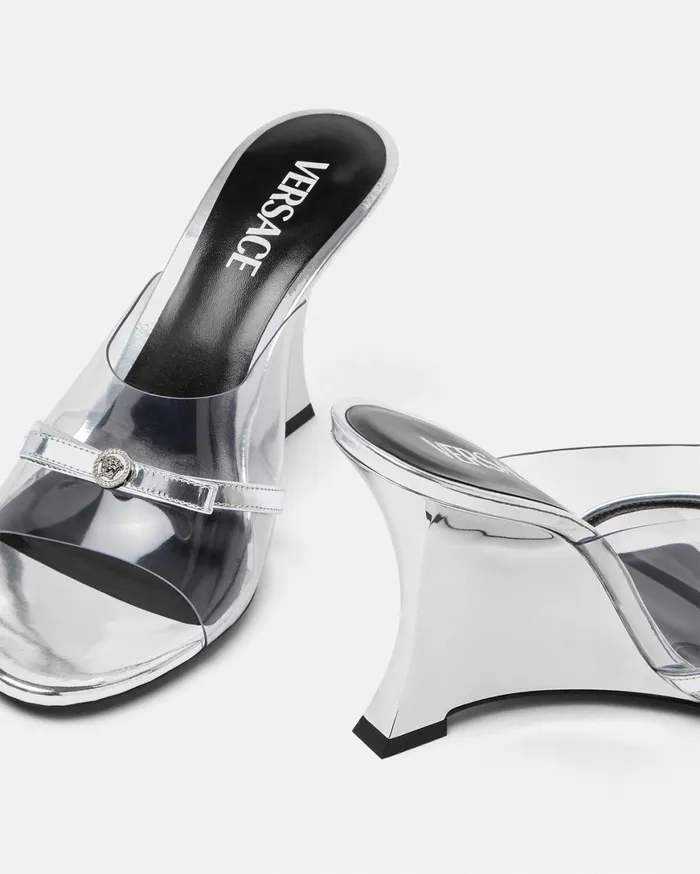 Sandals Women Versace Gianni Ribbon Wedge Mules 95 Mm Silver