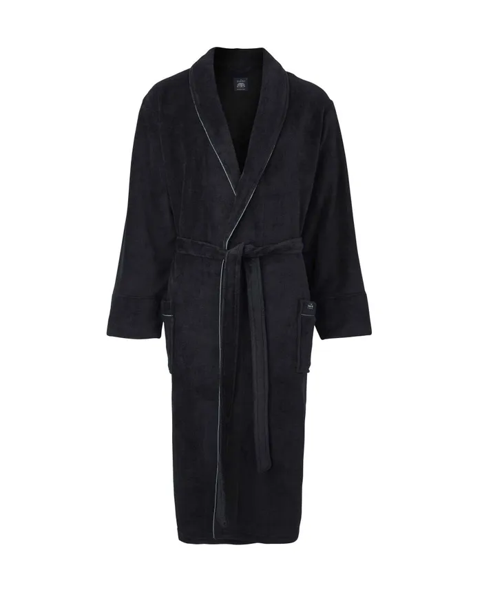Savile Row Company Black Fleece Supersoft Dressing Gown With Grey Piping Black Fleece Men Dressing Gowns and Robes
